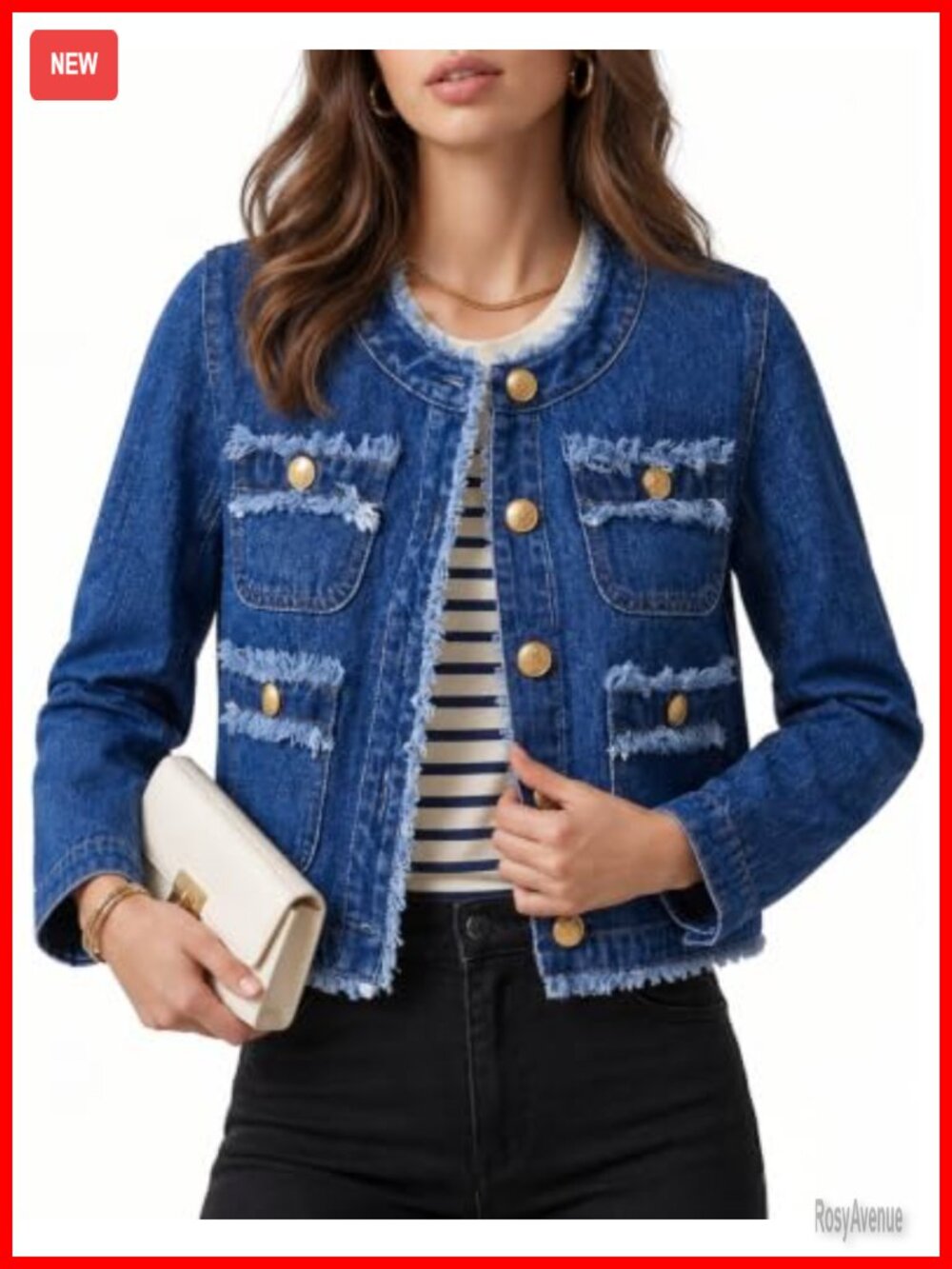 Women's Frayed Denim Jacket Collarless Button Jean Jacket Trendy